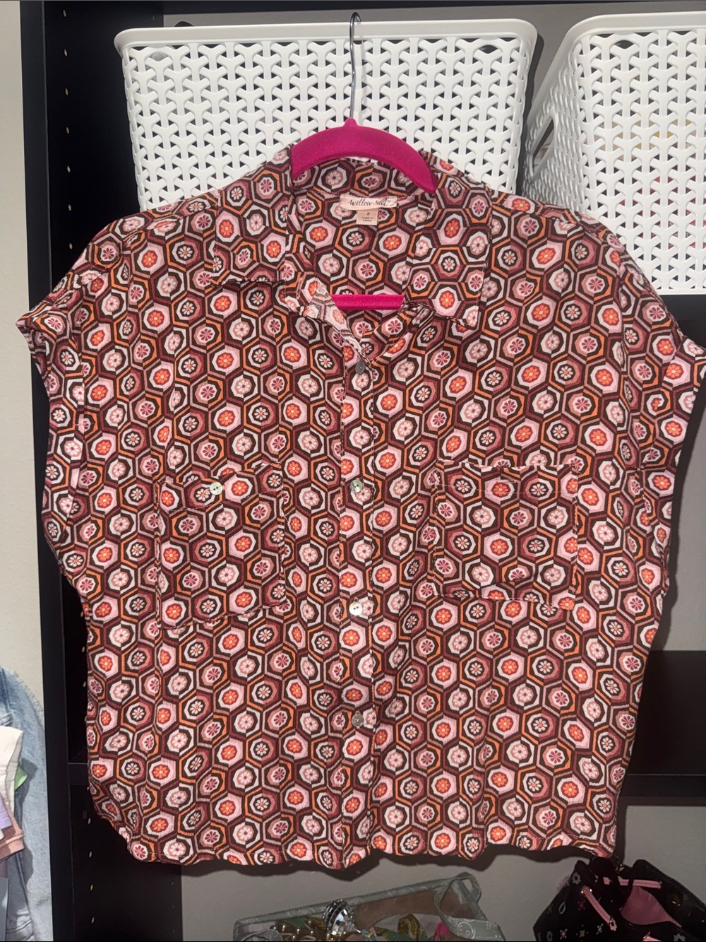 Geometric Hex Print Women’s Button-Down Shirt in Brown & Orange